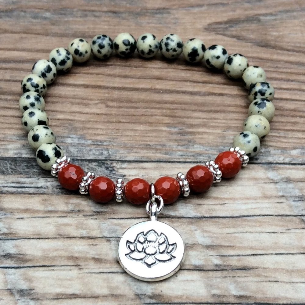 Dalmatian Jasper bracelet with Lotus charm, Red Jasper, healing bracelet